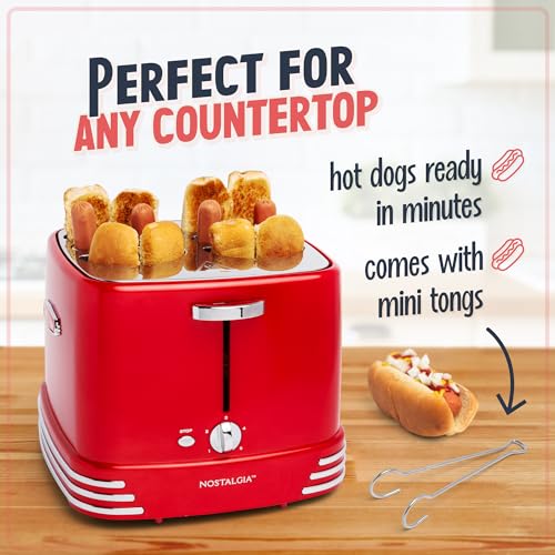 4 Slot Hot Dog and Bun Toaster with Mini Tongs (Metallic Red 4 Slot)