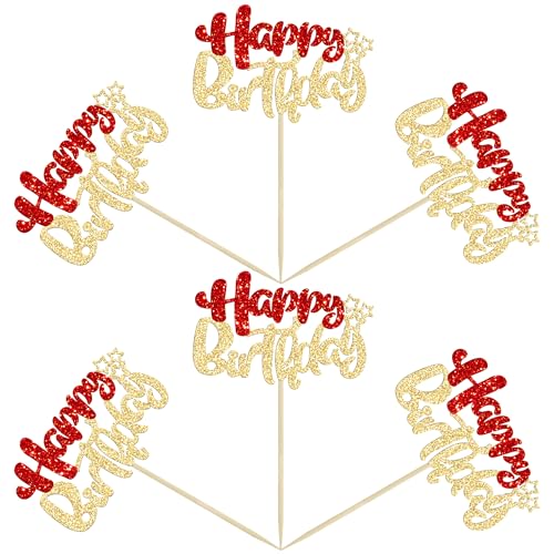 24Pcs Happy Birthday Cupcake Toppers Double Layer Glitter Happy Birthday Cake Decorations for Christmas Theme Baby Shower Anniversary Party Decorations Supplies Red Gold (Style 1 / Red Gold)