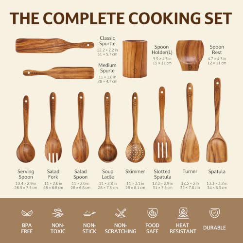 12 Piece Teak Wood Cooking Utensil Set With Holder (12 PCS Set)