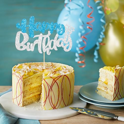 1Pcs Happy Birthday Cake Topper Glitter Happy Birthday Cake Pick for Winter Wonderland Baby Shower Theme Anniversary Party Decorations Supplies Blue Silver (Style 2 / Blue Silver)