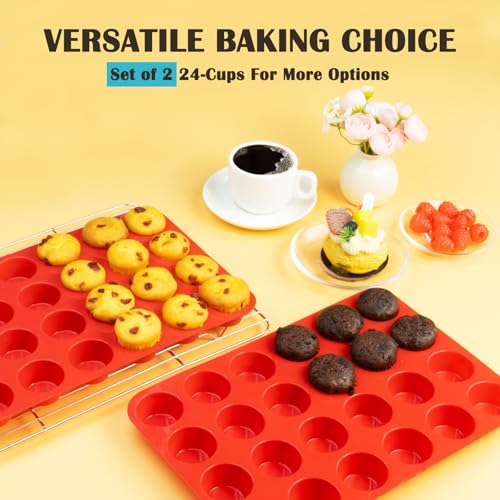 24 Cups Silicone Mini Muffin Pan Set (Set of 2--24 Cups (Red+Red))
