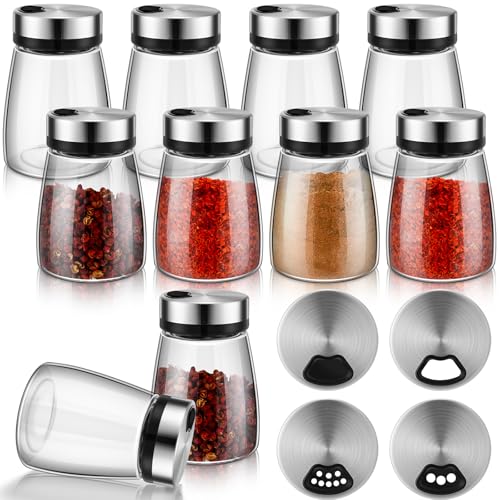 10 Pcs Salt Pepper Shakers Set with Adjustable Pour Holes Stainless Steel Spice Dispenser 6oz Clear Glass Seasoning Containers for Kitchen Restaurant Home BBQ Camping Farmhouse Accessories