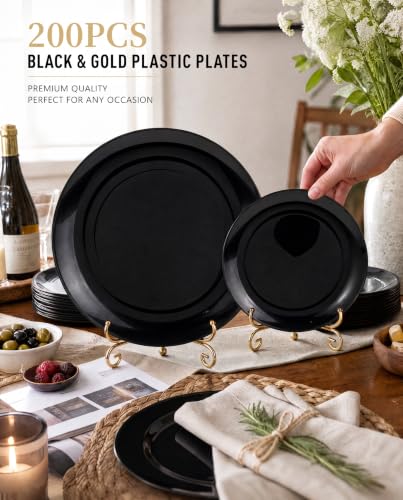 200PCS Black Plastic Plates (Black / 200 PCS)