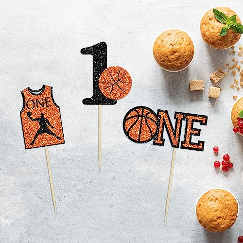 24Pcs Basketball One Cupcake Toppers Glitter Number 1 First Birthday Basketball Cupcake Picks for Sports Theme Baby Shower Kids 1st Birthday Party Cake Decorations Supplies (24 Count)