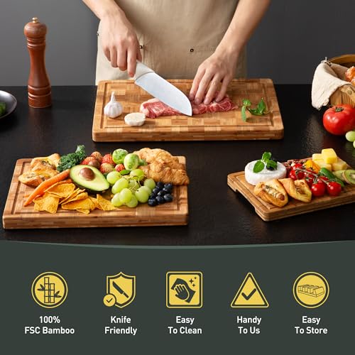 3 Pack Heavy Duty Bamboo Cutting Board Set Non Toxic Wooden Cutting Board for Kitchen Non Slip Solid End Grain Thick Wood Juice Groove Chopping Board Extra Large Butcher Block Best House Warming Gift (Multiple Sizes (Set of 3))