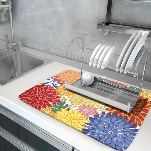 Modern Floral Dish Drying Mat Large Multicolored Tropical Drying Pad for Kitchen Counter (Modern Florals Colorful / 24" x 18")