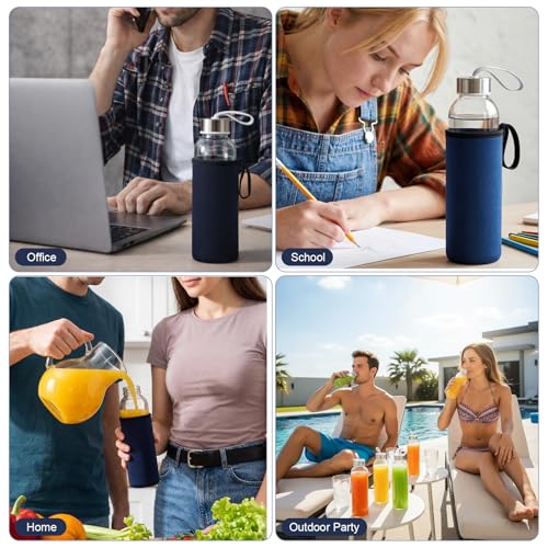 12 Pack Glass Water Bottles with Sleeves (Stylish / Navy Blue)