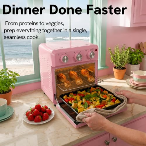 6-in-1 Retro Air Fryer Toaster Oven Combo, Compact 12.7 QT Small Countertop Convection Oven, Fits 9" Pizza & 4 Toast, Hexagon Hybrid Heating, Enamel Baking Pan Included, Pink Color (12.7-QT Classic Pink Color)