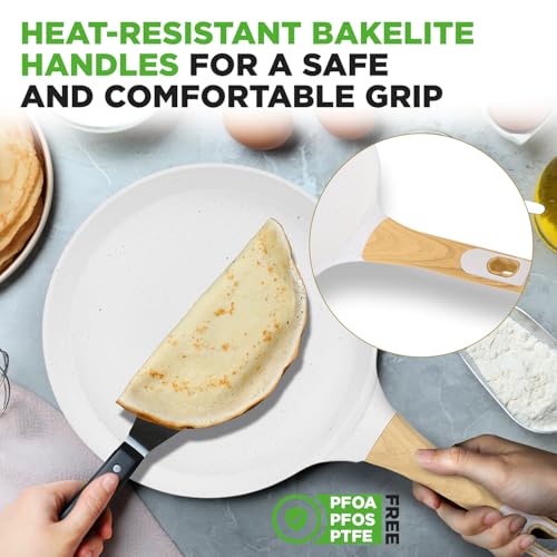 2-Pack Non-Stick Crepe Pan Set, 9.4" Marble Coated Dosa Pans with Wooden Spreaders, Bakelite and Wood Handles, Induction-Compatible, Dishwasher Safe, Even Heat Distribution, White Cream (Cream / 9" (2-Pack))