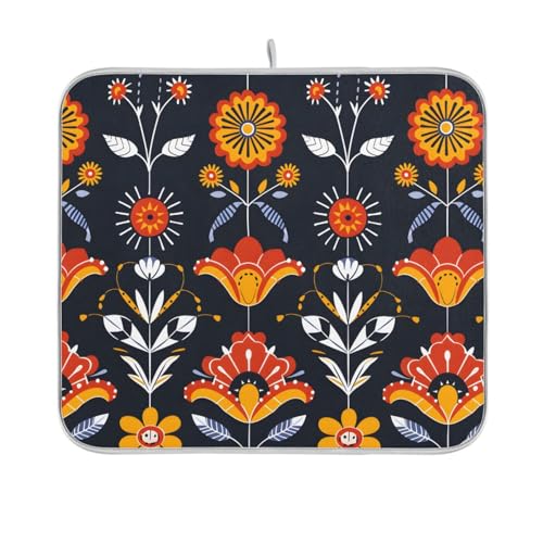 Floral Traditional Folk Art Dish Drying Mat for Kitchen Counter Absorbent Microfiber Drying Pad (18" x 24")
