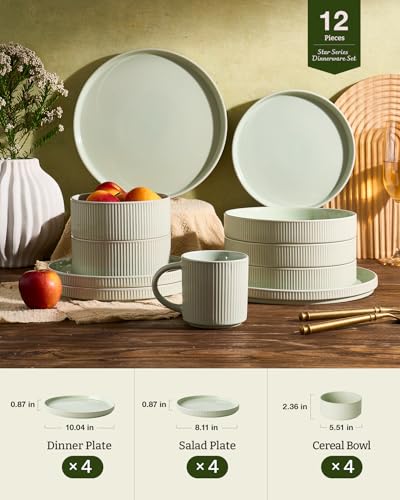 Ceramic Plates and Bowls Set (Light Green / Service for 4)