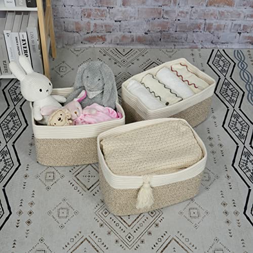 Woven Cotton Rope Storage Baskets 15x10x9.3" 3 Pack White and Brown (white and brown)