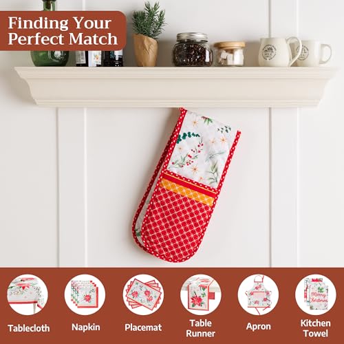 Double Oven Mitts 100% Cotton Double Oven Glove (117 - Poinsettia Christmas / 7" x 35" (Double Oven Mitt))