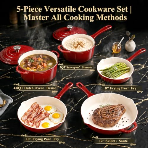 Nonstick Enameled Cast Iron Cookware Set (Red E)