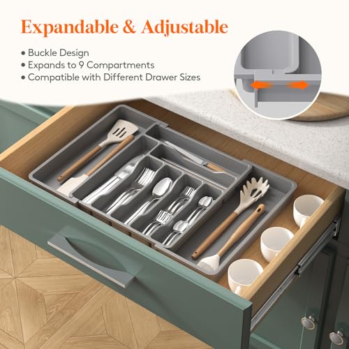 Expandable Silverware Drawer Organizer (Gray / XL (13"-22.4" W × 15"D))