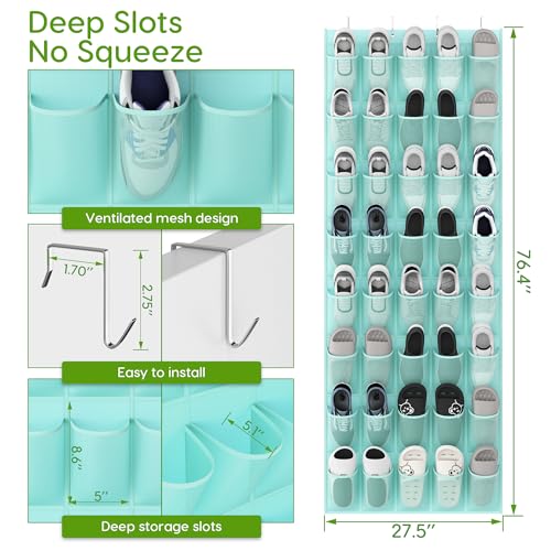 Over the Door Shoe Organizer with 40 Large Breathable Mesh Pockets (Mint Blue / 40 Pockets)