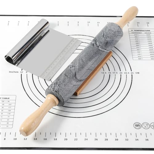 African Natural Marble Rolling Pin (Grey Marble with Pastry Mat)