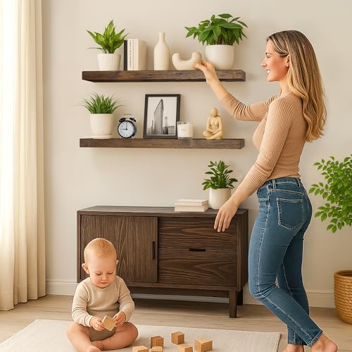 Distressed Floating Shelves 36 inch Long Set of 2 (Distressed Black Walnut / 36'' x 8''x 2''(set of 2）)