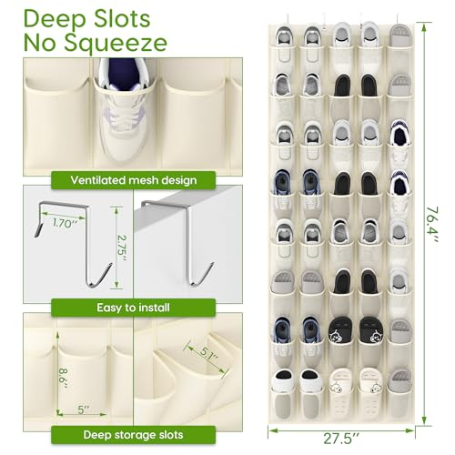 Over the Door Shoe Organizer with 40 Large Breathable Mesh Pockets (Beige / 40 Pockets)