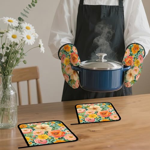 Vintage Pink Poppy Oven Mitts and Pot Holders (4 Count)