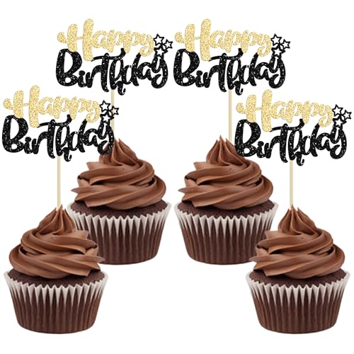 24Pcs Happy Birthday Cupcake Toppers Double Layer Glitter Happy Birthday Cake Decorations for Celebrating Baby Shower Theme Kids Boys Girls Birthday Party Cake Decorations Supplies Black Gold (24 Count)