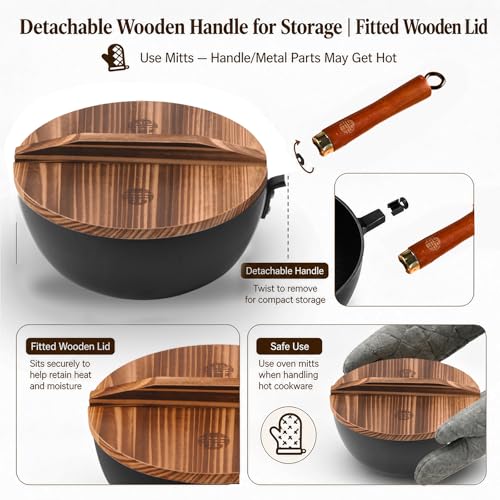 8.7 Inch Carbon Steel Mini Wok with Wooden Lid (8.7 inch)
