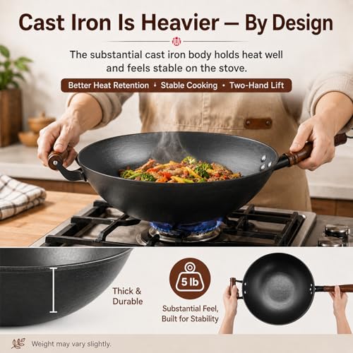 14.2 Inch Cast Iron Wok with Wooden Lid & Handle (14.2 Inch)