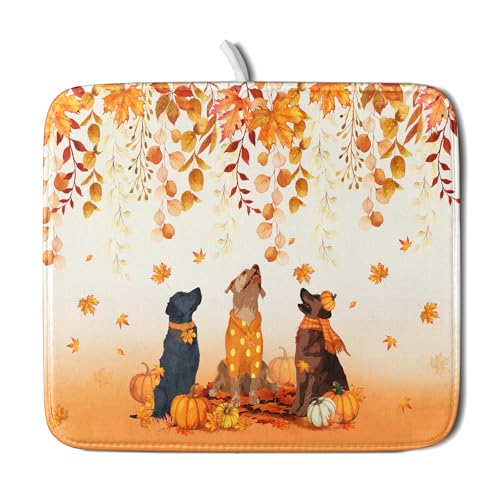 Fall Dogs Dish Drying Mat Autumn Leaves Reusable Dishes Pad 16"x18" Holiday Microfiber Quick Dry Dish Drainer Rack Mat for Kitchen Counter (Fall Dogs / 16x18 inch)