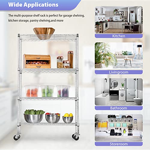 4 Tier Wire Shelf with Wheels (Chrome / 36×14×62)