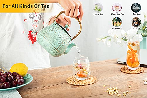 Tea Kettle TOPTIER Japanese Cast Iron Teapot with Infuser for Loose Leaf and Tea Bags (1.3 Quarts / Light Green)