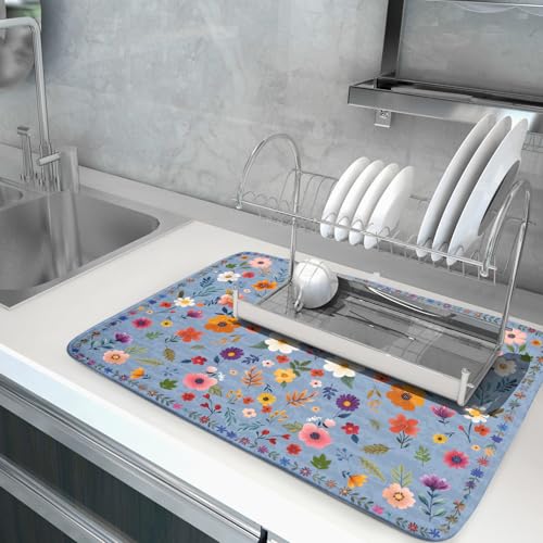 Colorful Flower Dish Drying Mat (Wildflowers Blue / 24" x 18")
