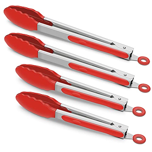 4 Pack Red Silicone Kitchen Tongs Set (Red)