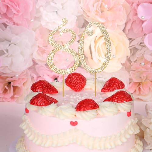 Gold 80th Birthday Cake Topper Rhinestones Cake Decorations for 80th Birthday Party (80th- Gold)