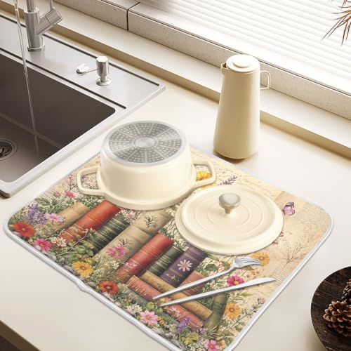 Vintage Books Shelf Dish Drying Mat for Kitchen Counter Absorbent Microfiber Large Drying Pad Dish mats for Kitchen Countertops 18 x 24 Inch (Vintage Books Shelf / 24" x 18")