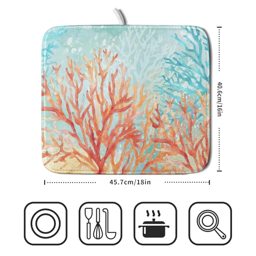 Coastal Coral Dish Drying Mat Beach Ocean Drainer Rack Mat 16x18 Inch Microfiber Absorbent Reversible Dish Dry Pad for Kitchen Counter Sink (Pink Coastal Coral / 16x18 inch)
