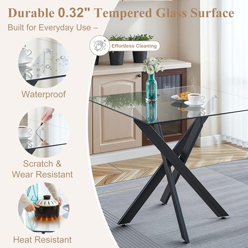 36” Square Glass Dining Table Set for 4 (Black Square Table/Black Pu Chairs / 5 Pieces)