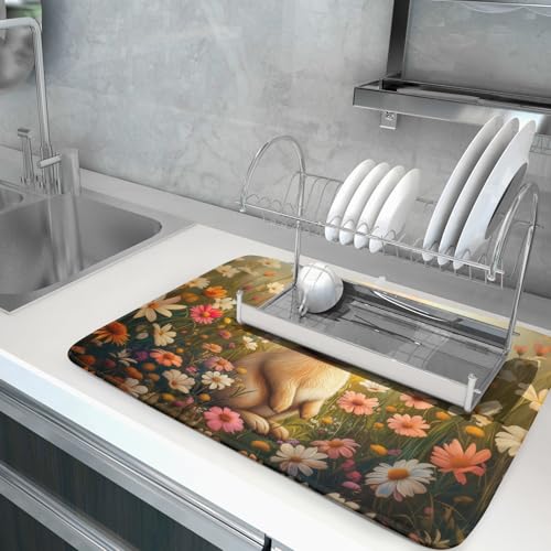 Easter Bunny Dish Drying Mat Flower Butterfly Kitchen Drainer Mat 18x24 inch Absorbent Reversible Dish Rack Pad for Counter Tabletop Decor (Easter Bunny Flower / 18" x 24")
