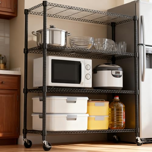 1400LBS 47.2" W 4 Tiers Storage Shelves Metal Shelving Unit with Wheels Heavy Duty Garage Shelving Adjustable Wire Shelves for Pantry (4 Tiers, 17.7"D x 47.2"W x 62.7"H / Black)