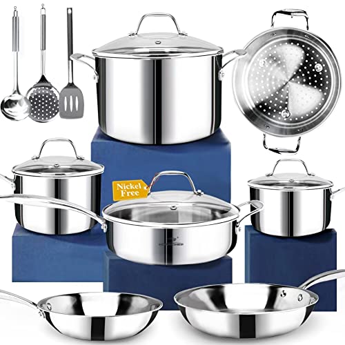 14 Piece Nickel Free Stainless Steel Cookware Set Whole (Mirror Polished Stainless Steel - 6 Years Warrantv / 14 PCS - Whole-Clad 3-PLY)