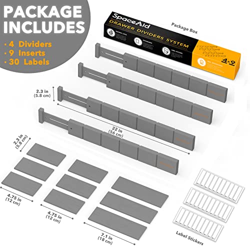 Bamboo Drawer Dividers with Inserts and Labels (2.35''H, 17''-22''L, 4 Dividers / GRAY)