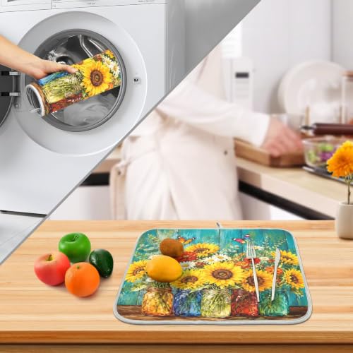 Spring Summer Floral Jar Dish Drying Mat for Kitchen Counter Absorbent Microfiber Large Drying Pad Dish mats for Kitchen Countertops 18 x 24 Inch (Spring Summer Floral Jar / 24" x 18")