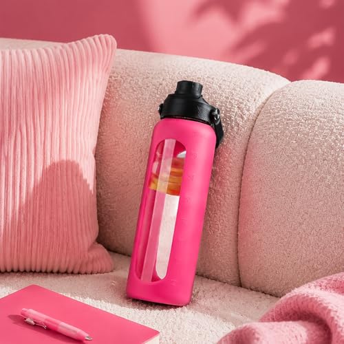 32 oz Glass Water Bottle with Straw and 2 Lids (Rose Red / 32 Ounces)