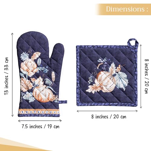 100% Cotton Oven Mitt & Pot Holder Set (072 - Pumpkin Blues / 7.5" x 13" & 8" x 8" (Oven Mitt & Pot Holder))