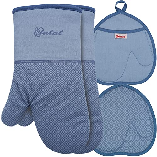 Silicone Oven Mitts (4PCS-13"L x 7"w/Sky Blue-HeartSet)