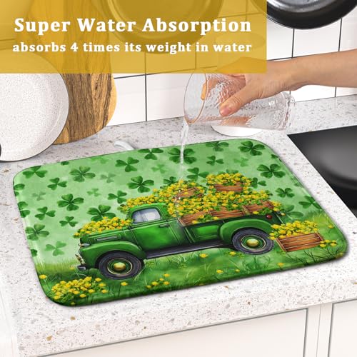 Dish Drying Mat for Kitchen Counter St Patricks Festival Decor Small (Green Lucky Truck / 18" x 16")