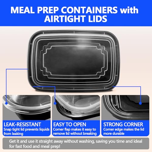 50 Pack (100-Piece) - 38oz Meal Prep Containers Salad & Snack Storage for Lunch | BPA Free & Leakproof Food Containers | To Go Take Out Plastic Bento Box | Microwave, Freezer, Dishwasher Safe (38 oz)