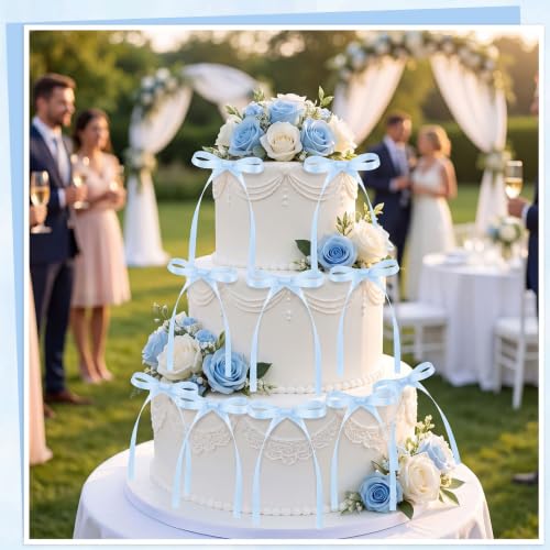 30 Pack Bow Cake Toppers Light Blue Ribbons Bows for Cake (Blue)