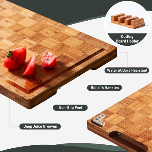 3 Pack Heavy Duty Bamboo Cutting Board Set Non Toxic Wooden Cutting Board for Kitchen Non Slip Solid End Grain Thick Wood Juice Groove Chopping Board Extra Large Butcher Block Best House Warming Gift (Multiple Sizes (Set of 3))