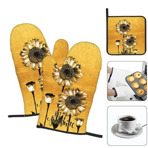 Sunflower Oven Mitts and Pot Holders Set of 3 Gold Oven Glove (Sunflower)