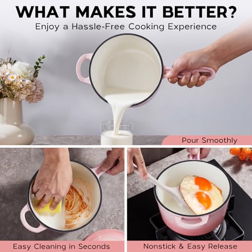 1QT Enameled Cast Iron Saucepan with Lid (Pink / 1 Quarts)